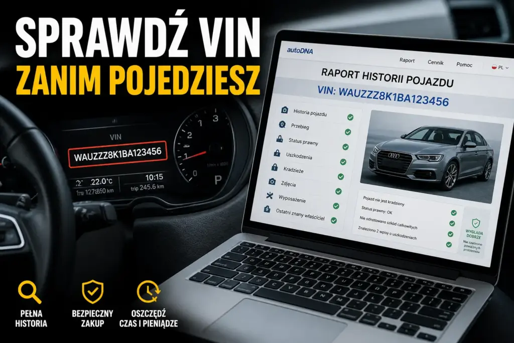 Laptop wyświetlający raport historii pojazdu autoDNA obok deski rozdzielczej z widocznym numerem VIN.