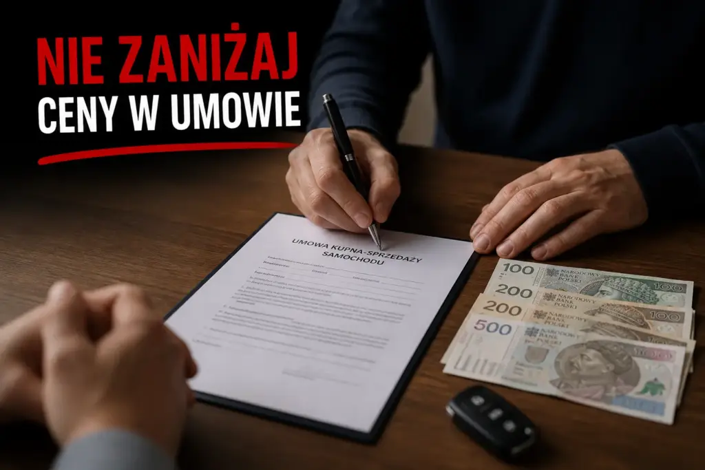 Moment podpisywania umowy kupna-sprzedaży samochodu z widoczną gotówką, kluczykiem i ostrzeżeniem przed zaniżaniem kwoty zakupu.