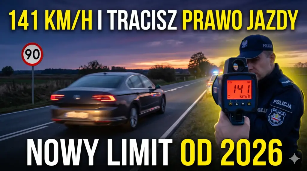 Policyjny miernik prędkości wskazujący 141 km/h przy ograniczeniu do 90 km/h na drodze jednojezdniowej. Nowe przepisy ruchu drogowego 2026