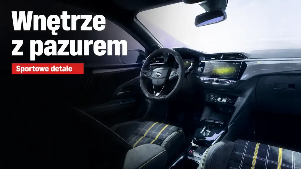wnetrze opel corsa gse sportowe fotele Kokpit Opla Corsy GSe z kierownicą sportową i fotelami z żółtymi przeszyciami.