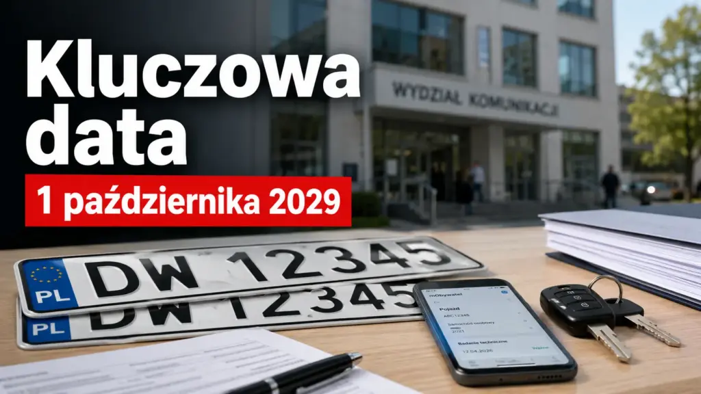 Tablice rejestracyjne, smartfon i dokumenty przed budynkiem Wydziału Komunikacji