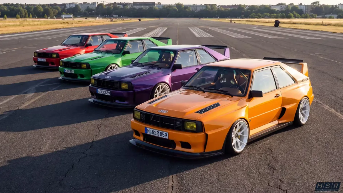 Kilka egzemplarzy HSR Type 859 ustawionych na pasie startowym jako limitowana seria inspirowana Audi Sport quattro