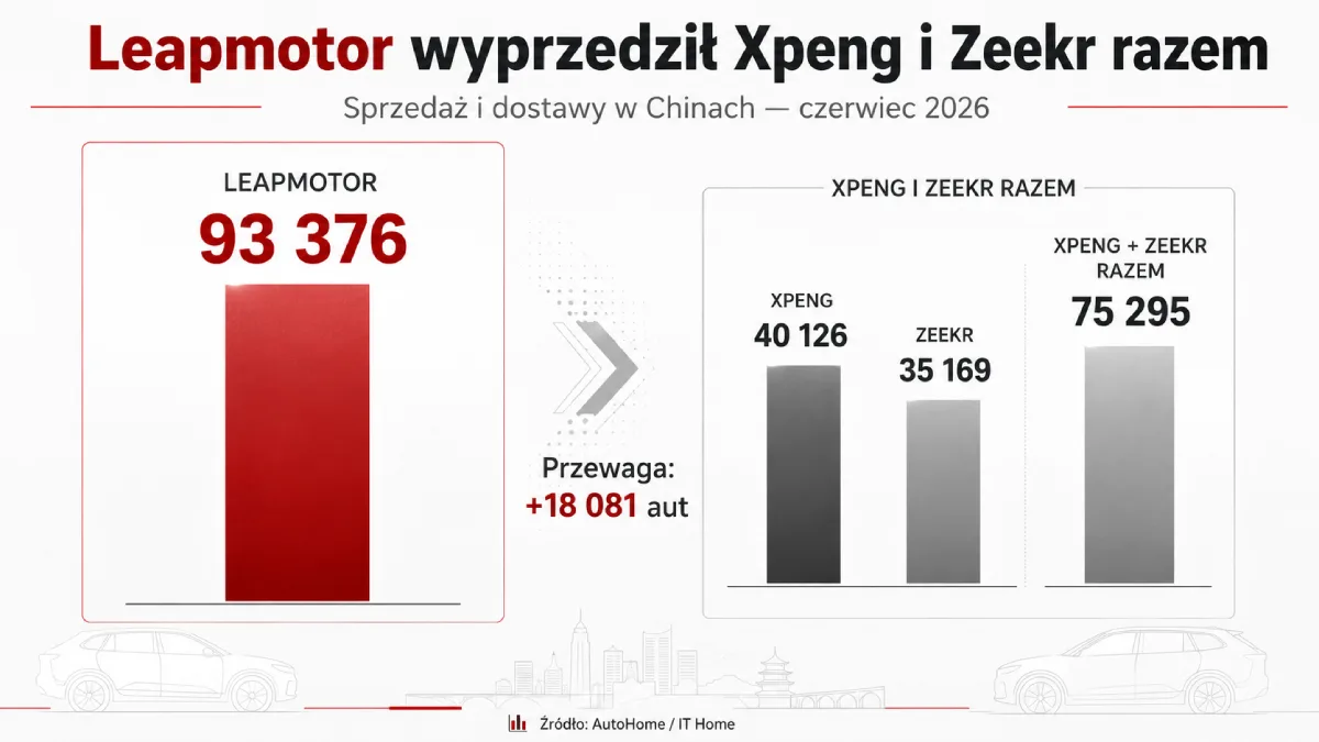 Porównanie sprzedaży Leapmotor z łącznym wynikiem Xpeng i Zeekr w czerwcu 2026 roku