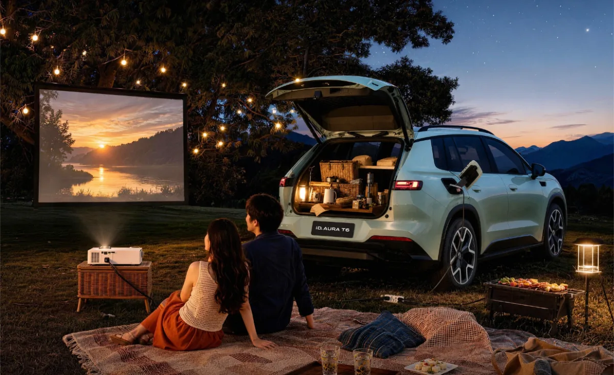 Volkswagen ID. AURA T6 podczas wypoczynku z otwartym bagażnikiem