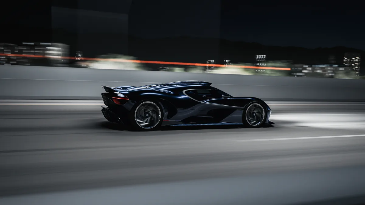 Bugatti Destrier z profilu podczas nocnej jazdy