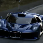 Bugatti Destrier widziane z przodu podczas jazdy górską drogą