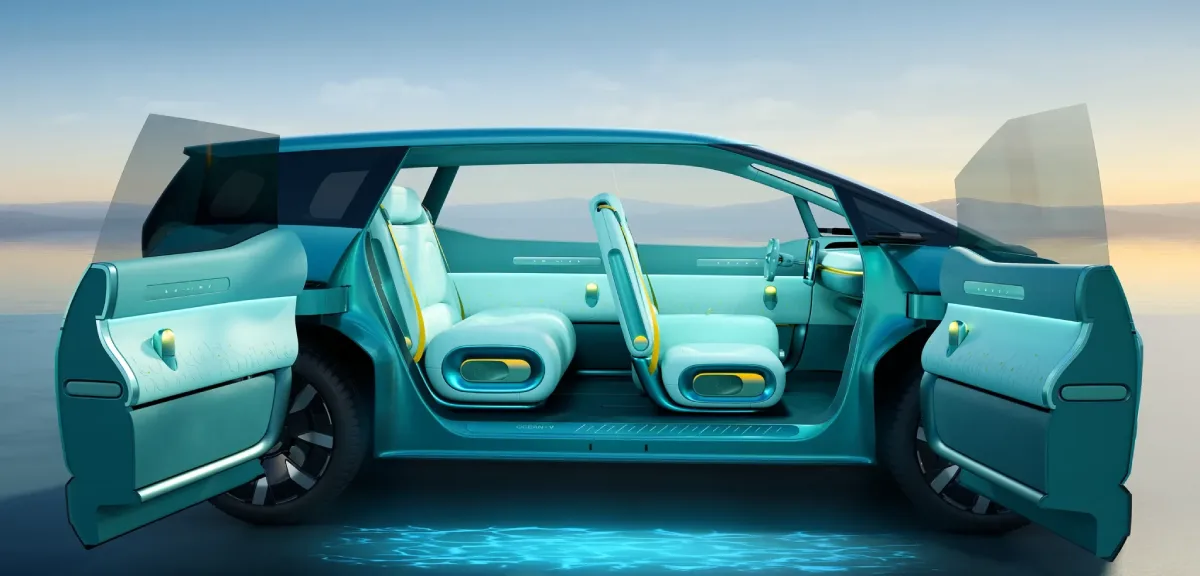BYD Ocean V Concept wnętrze z otwartymi drzwiami i czterema fotelami. BYD Ocean MPV