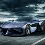 CUPRA DarkRebel pokazana z przodu i z boku na tle gór
