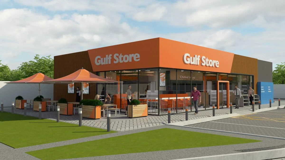 Wizualizacja sklepu Gulf Store z częścią gastronomiczną. Pierwsza stacja Gulf w Polsce