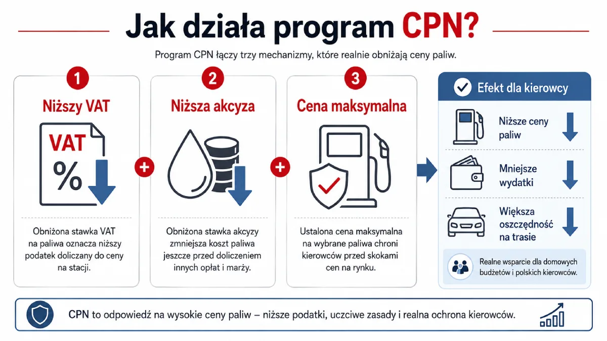 Infografika pokazująca marcowy program CPN z niższym VAT, akcyzą i ceną maksymalną