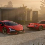 Czerwone Lamborghini Revuelto Miura 60° Homage obok historycznej Miury
