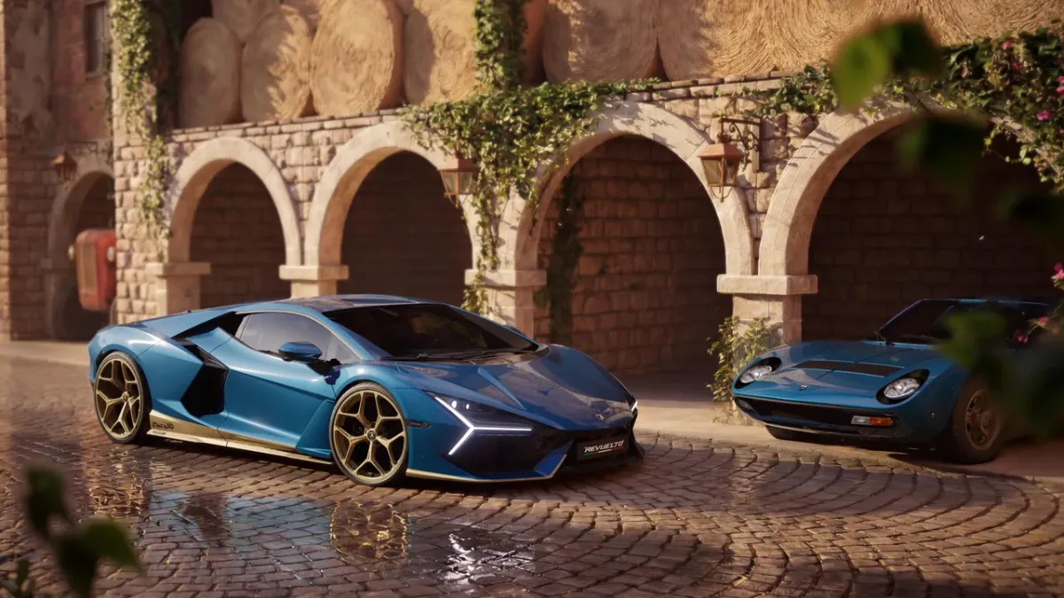 Niebieskie Lamborghini Revuelto Miura 60° Homage i klasyczna Miura