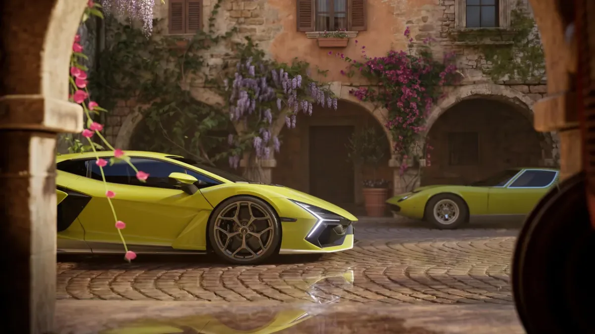Zielone Lamborghini Revuelto Miura 60° Homage obok klasycznej Miury