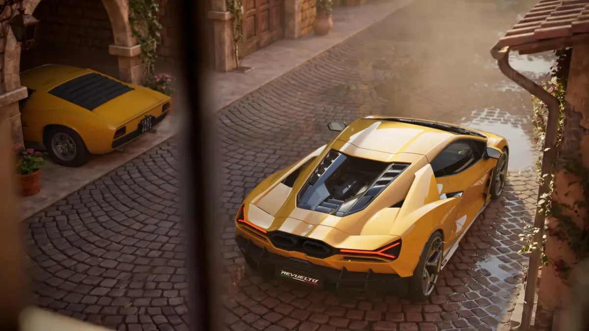 Żółte Lamborghini Revuelto Miura 60° Homage i klasyczna Miura