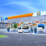 Wizualizacja stacji paliw Gulf z dystrybutorami i charakterystycznym logo marki. pierwsza stacja Gulf w Polsce