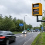Żółty fotoradar przy ruchliwej drodze w Polsce