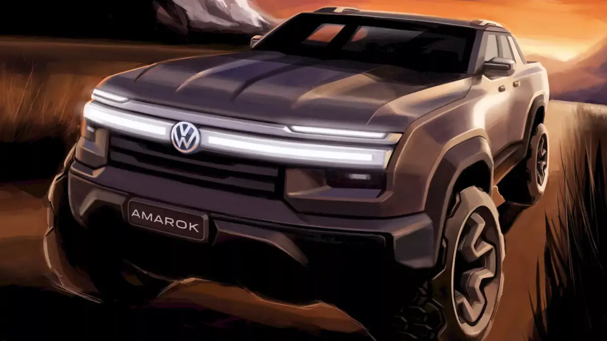 Volkswagen Amarok 2027 pokazany z przodu na oficjalnym teaserze