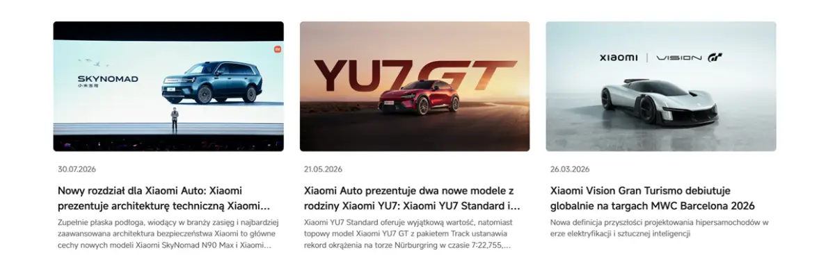 Globalna strona Xiaomi Auto prezentująca modele i projekty marki