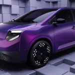 Nissan PIXO 2027 w fioletowym kolorze, widok z przodu i z boku