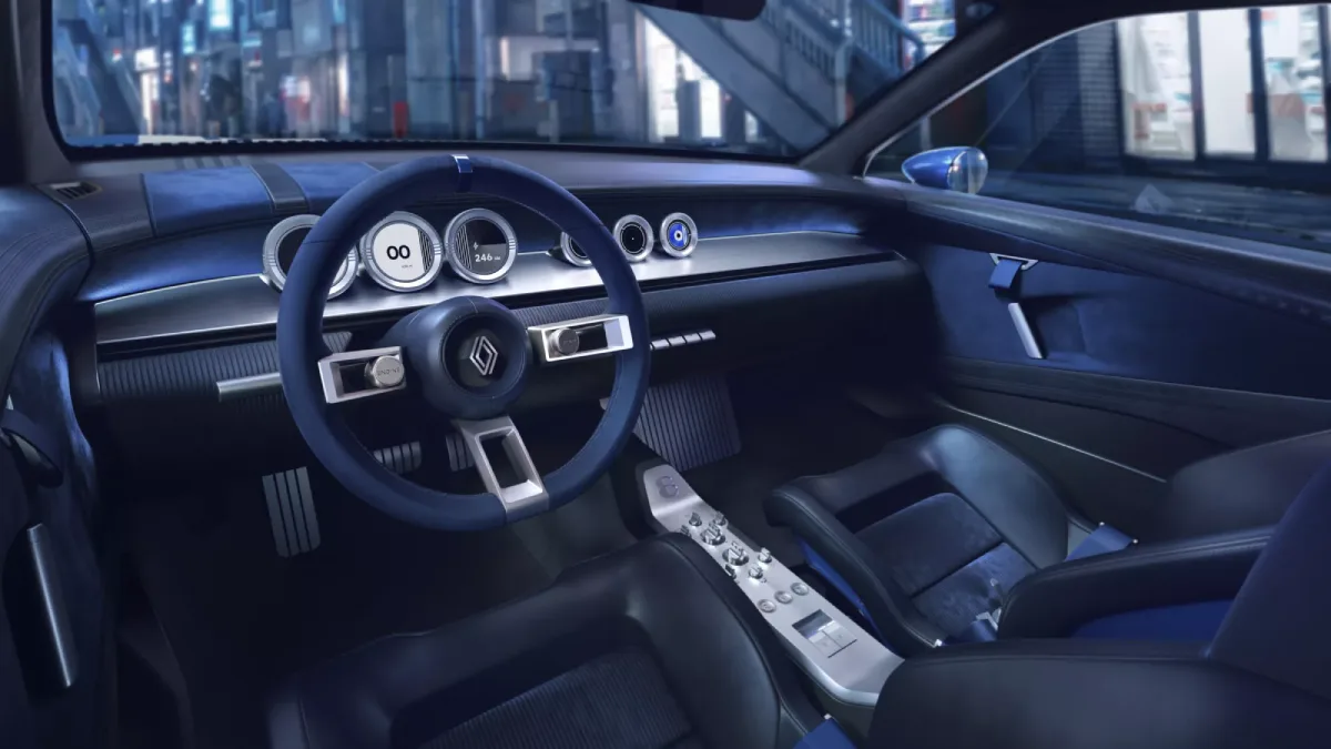 Kokpit Renault 8 Gordini Concept z okrągłymi cyfrowymi wskaźnikami i kierownicą Renault