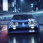 Renault 8 Gordini Concept widziany z przodu, z sześcioma okrągłymi światłami i białymi pasami