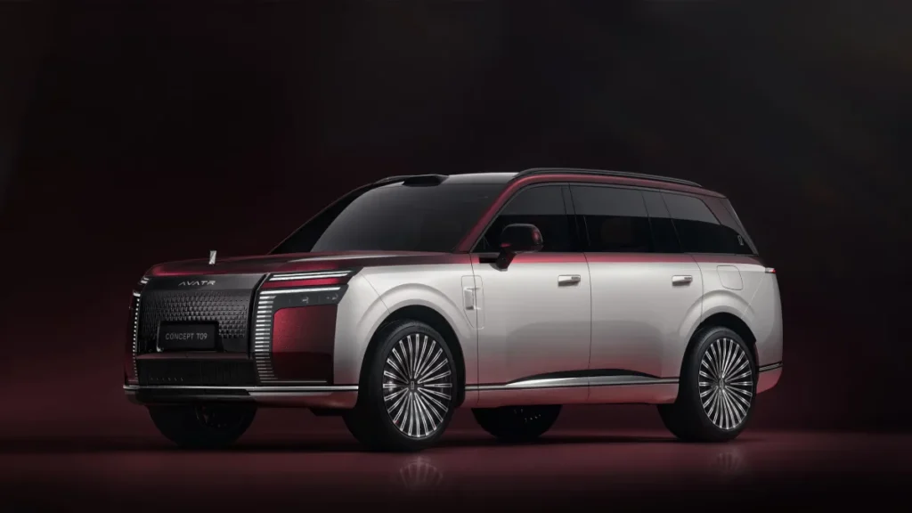 Avatr Concept T09 widziany z przodu i boku, z dużym grillem, pionowymi światłami LED i dwukolorowym nadwoziem