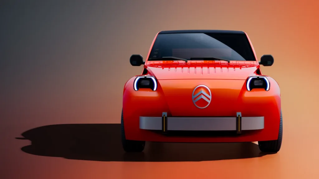 Pomarańczowy Citroën 2 CV Concept widziany od przodu, z okrągłymi reflektorami LED i charakterystycznym logo marki
