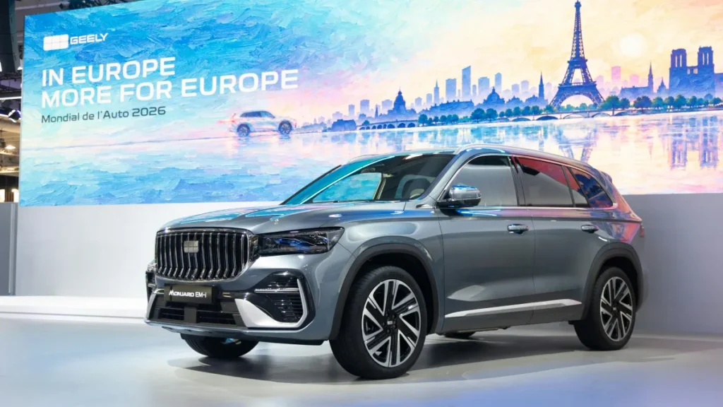 Geely Monjaro EM-i podczas europejskiej premiery na salonie samochodowym w Paryżu 2026, srebrny SUV na stoisku Geely
