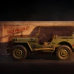 Klasyczny wojskowy Jeep Willys w oliwkowym kolorze przed drewnianą skrzynią z napisem Not Fragile. Jeep Renegade