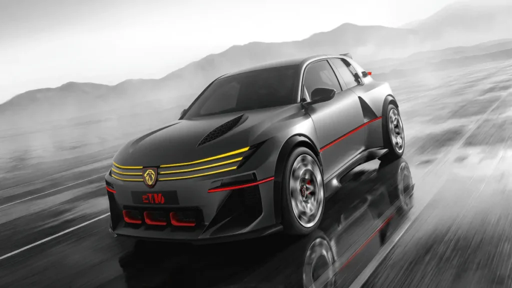 Peugeot E-T16 Concept widziany z przodu i boku, z szarym nadwoziem, żółtymi światłami LED i czerwonymi akcentami