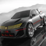 Peugeot E-T16 Concept widziany z przodu i boku, z szarym nadwoziem, żółtymi światłami LED i czerwonymi akcentami