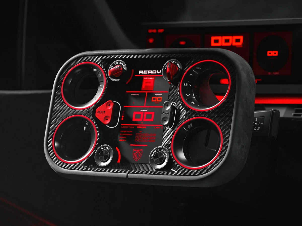 Koncepcyjny panel sterowania Peugeot E-T16 Concept z czerwonymi podświetlanymi elementami i wyświetlaczem