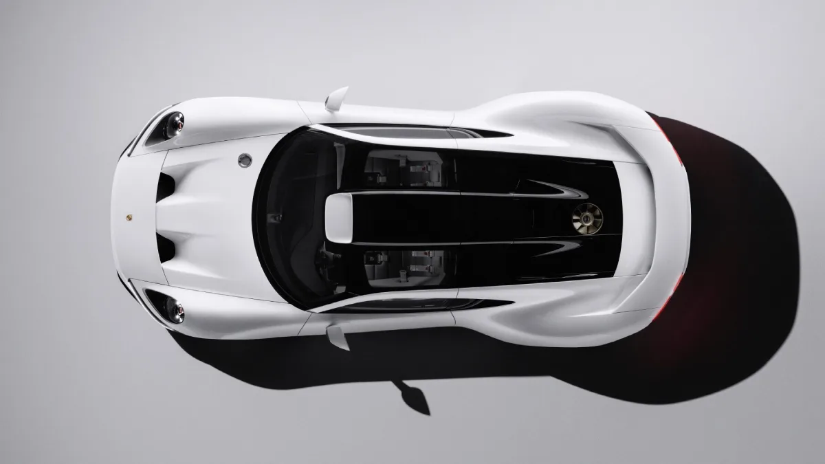Porsche Mission S 2026 widziane z góry, białe nadwozie supersamochodu koncepcyjnego z czarnym przeszkleniem kabiny i charakterystycznym układem tylnej części