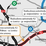Mapa rozbudowy autostrady A2 Łódź – Warszawa z zaznaczonymi odcinkami między Łodzią Północ, Łowiczem i Grodziskiem Mazowieckim. Rozbudowa a2