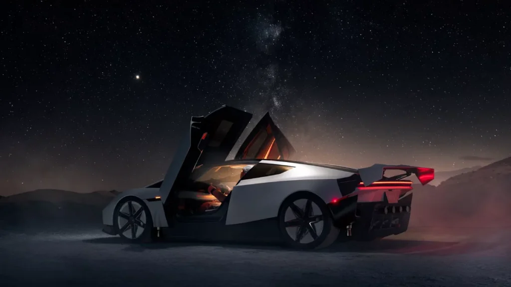 Tesla Roadster 2026 w nocnej scenerii, futurystyczny elektryczny samochód sportowy z otwartymi drzwiami i dużym tylnym skrzydłem